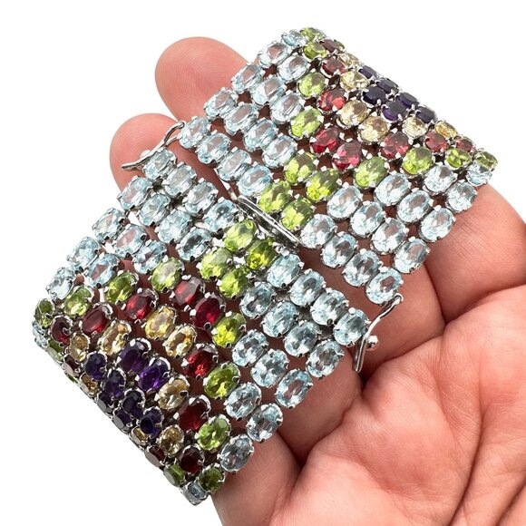 Luxury Wide Multi Gemstone Sterling Silver Bracelet 122 Grams 7.5 Inch - Picture 4 of 6